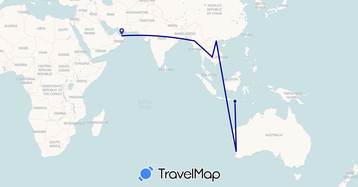 TravelMap itinerary: driving in Australia, Indonesia, Cambodia, Myanmar (Burma), Oman, Vietnam (Asia, Oceania)