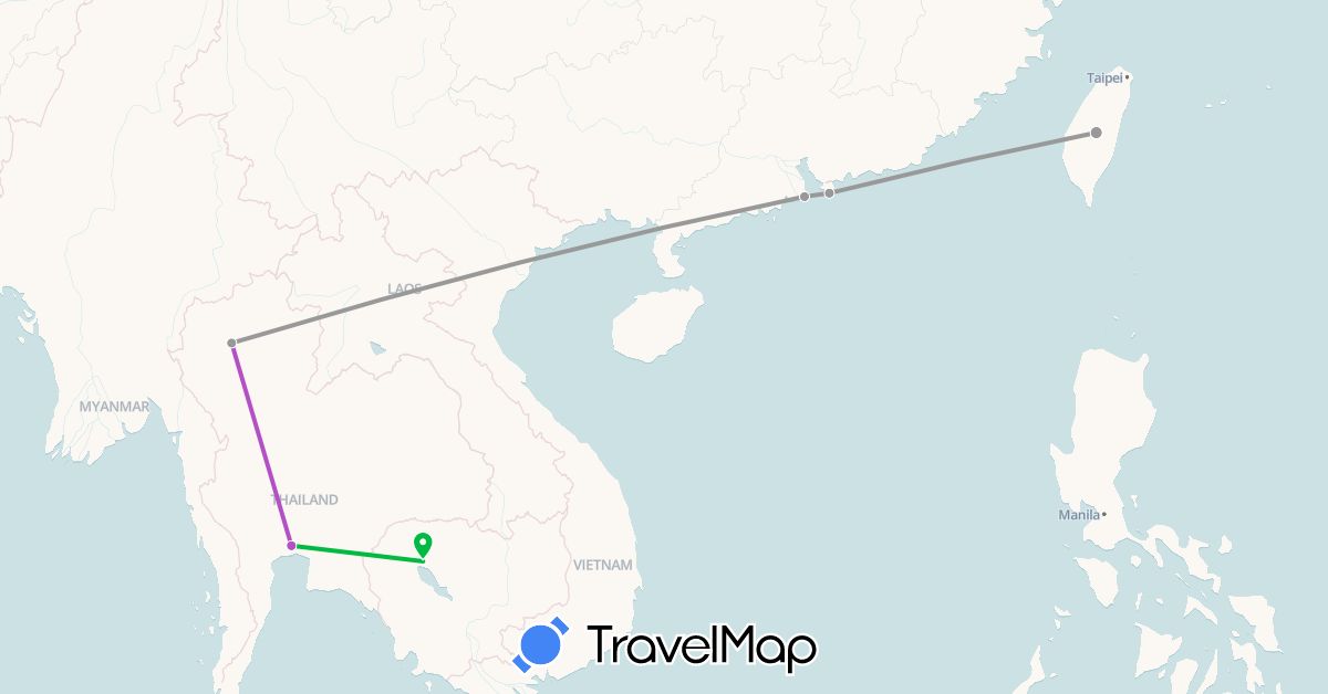 TravelMap itinerary: bus, plane, train in Hong Kong, Cambodia, Macau, Thailand, Taiwan (Asia)