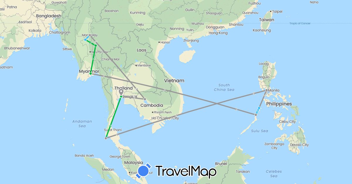 TravelMap itinerary: bus, plane, boat in Cambodia, Myanmar (Burma), Philippines, Thailand (Asia)