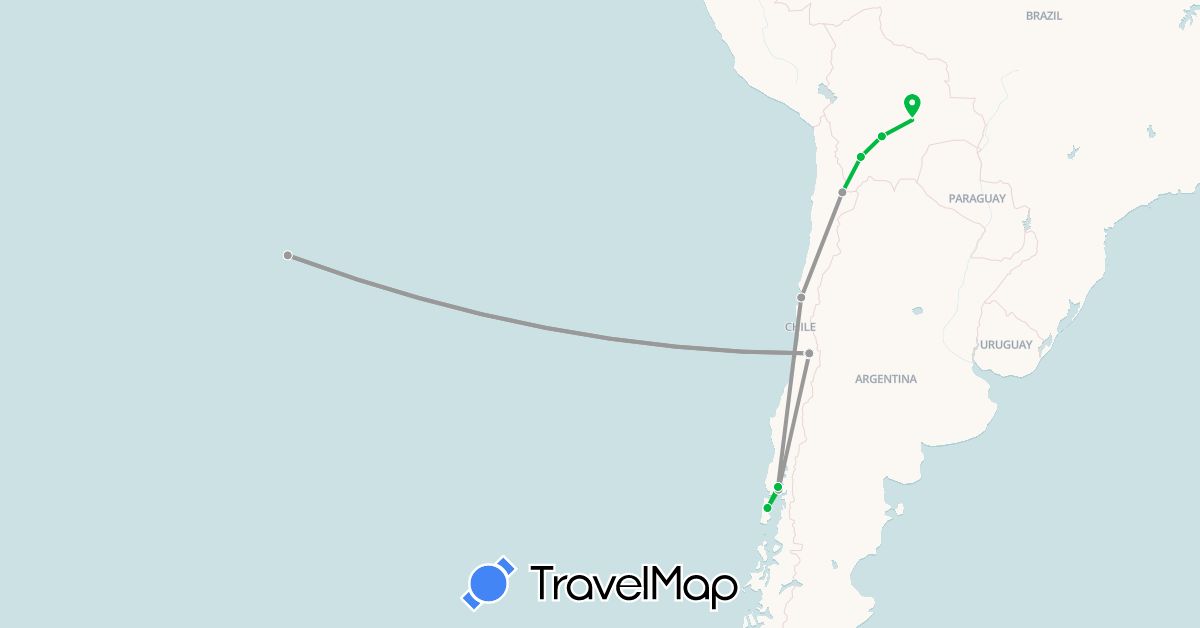TravelMap itinerary: bus, plane in Bolivia, Chile (South America)